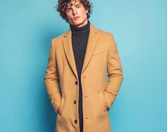 Men’s Camel Wool Coat – Long Winter Overcoat, Classic Formal Outerwear