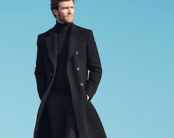 Men’s Black Wool Coat – Long Winter Overcoat, Elegant Formal Outerwear