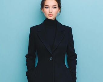 Women’s Black Wool Coat – Tailored Long Winter Overcoat, Classic Outerwear