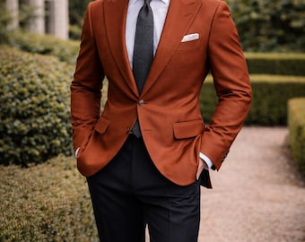 Men’s 2 Piece Rust Coat Black Pants Suit