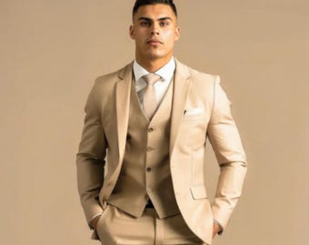 Bespoke Beige Three-Piece Suit – Custom Tailored Wedding Attire