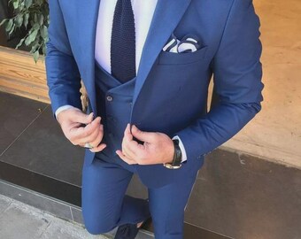 Terno masculino de 3 peças, corte slim, azul acinzentado - Feito sob medida