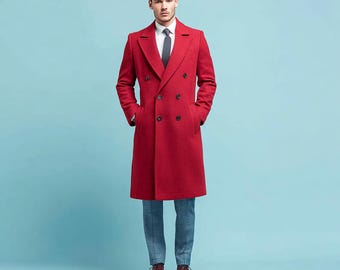 Men’s Red Wool Overcoat – Custom Tailored Long Coat, Bespoke Winter Jacket