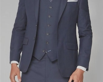 Men’s Space Blue 3-Piece Slim Fit Suit – Notch Lapel Jacket, V-Shaped Waistcoat, Custom Tailoring