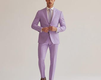 Men’s Lavender 2-Piece Custom Suit – Notch Lapel, Silk Lining, Year-Round Wear, Free Tailoring & Matching Accessories