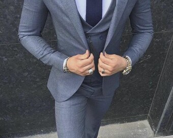 Denim Blue Slim Fit 3-Piece Custom Suit with Peak Lapel – Double-Breasted Waistcoat & Silk Lining