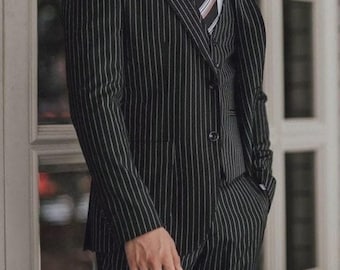 Black Pinstripe Slim Fit 3-Piece Men’s Suit – Custom Tailored with Notch Lapel, Double Vents, Silk Lining & Free Accessories