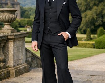Men’s Premium Black Three Piece Bell Bottom Suit