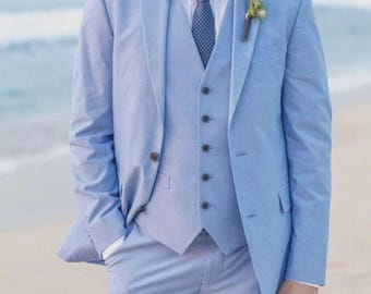 Terno de 3 peças azul acinzentado, corte slim – Confeccionado sob medida em rayon com forro de seda.