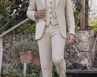 Beige Textured 3-Piece Suit – Custom Slim Fit, Silk Lined