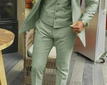 Men’s Sage Green 3-Piece Custom Suit – Notch Lapel, V-Shaped Vest, Year-Round Wear, Free Tailoring & Accessories