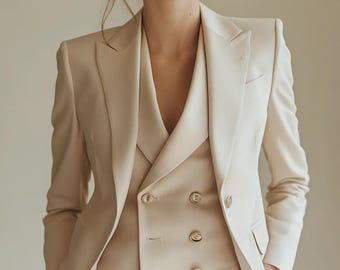 Tailored Women’s Beige 3-Piece Suit – Peak Lapel Jacket, Double-Breasted Vest & Flat-Front Pants