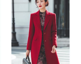 Red Wool Long Coat for Women – Bold Winter Outerwear, Elegant Design