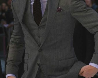 Men's Custom Tailored Herringbone Wool 3-Piece Suit – Slim Fit