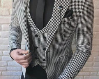 Houndstooth Wool Blend 3-Piece Suit – Slim Fit, Custom Tailored