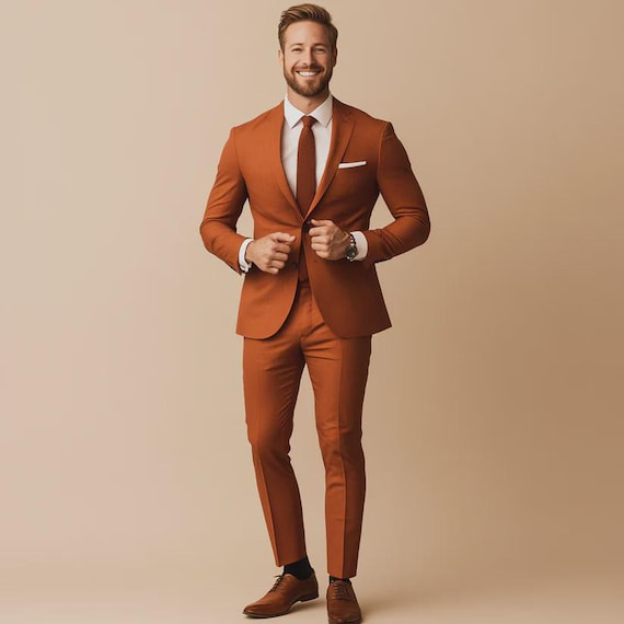 Men's Terracotta Rust Suit – Custom Fit Notch Lapel, Silk Lined