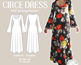 PDF Pattern "Circe Dress" – Elegant Long Dress with Bell Sleeves | Sewing Pattern for Stretch Fabrics | Sizes 40-50