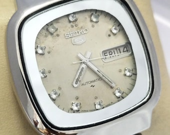 Vintage Seiko 5 automatisk herrklocka med grå urtavla, boettstorlek 37,1 mm