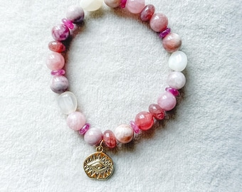 Pulsera elástica de cristal celestial: piedra solar, piedra lunar y ojo malvado dorado