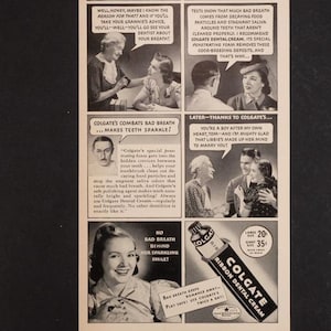 May include: Vintage advertisement for Colgate Ribbon Dental Cream. The black and white ad features a woman smiling, with text bubbles discussing bad breath and the product's benefits. A tube of Colgate is also shown.