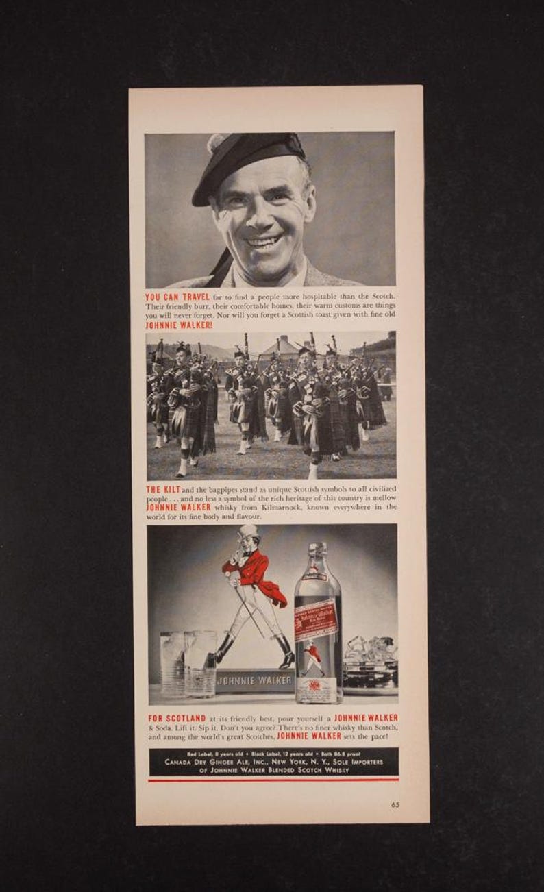 May include: An old advertisement for Johnnie Walker Scotch whisky. The image shows a smiling man, a marching band, and a bottle of whisky with a man in a red coat. Text includes "Johnnie Walker" and descriptions of the product.
