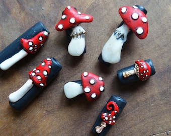 Set of 3 Mushroom, toadstool woodland dreadlock beads in brown, white.