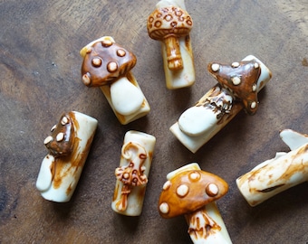 Set of 3 Mushroom, toadstool woodland dreadlock beads in brown, white.