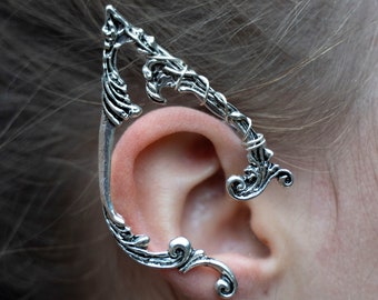 Pointed fae elven ear cuff, woodland, elfish in silver , no pierced ear needed.