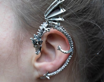 Silver dragon elven ear cuff earrings, no pierced ear needed