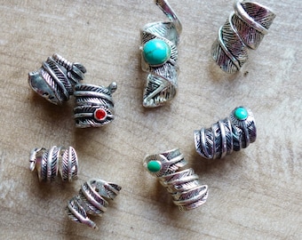 Turquoise silver feather swirly dread bead dreadlocks jewelry