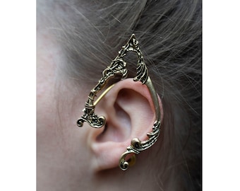 Pointed fae elven ear cuff, woodland, elfish in gold , no pierced ear needed.