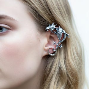 Dragon elven ear cuff earring, no pierced ear needed, silver or black for the left side