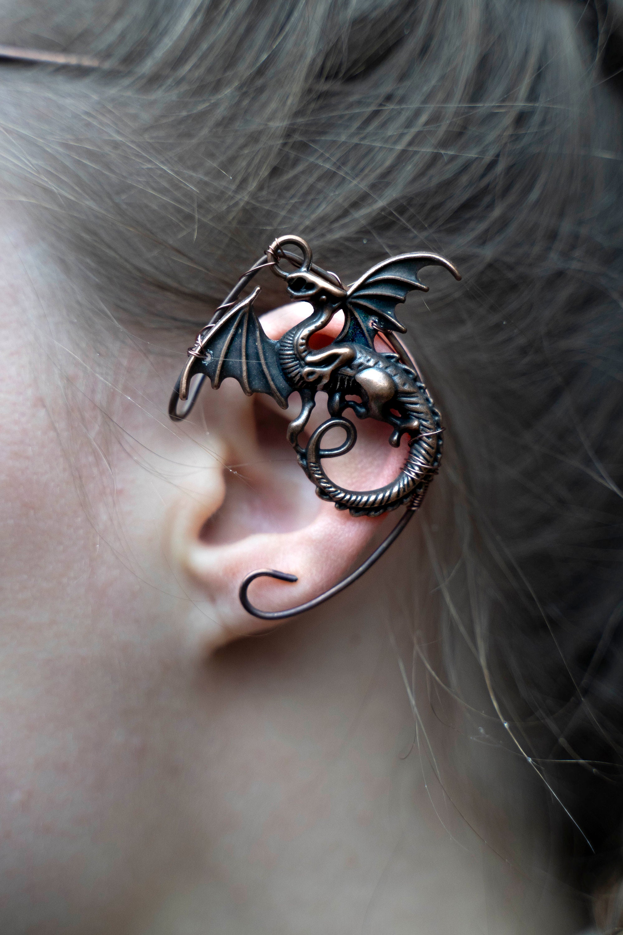 Enveloppe d'oreille ailes de dragon en acier, gothique, fantasy, fantastique