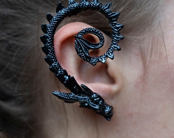 Black dragon elven ear cuff earrings, no pierced ear needed