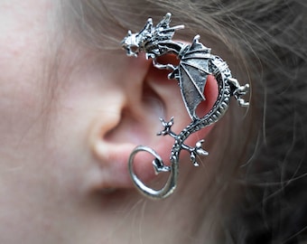 Silver dragon elven ear cuff earrings, no pierced ear needed
