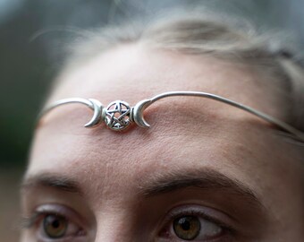 Tiara with triple moon and pentagram in silver plated wire