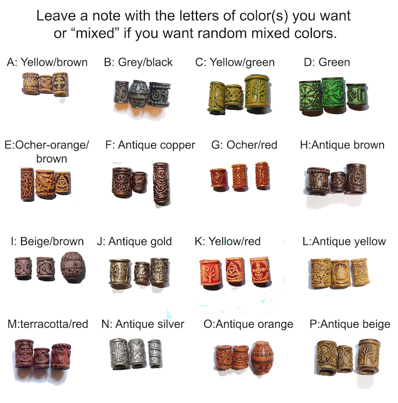 May include: A selection of 16 different colored wooden beads with various designs. The beads are arranged in a grid with letters labeling each color option. The letters are A through P.