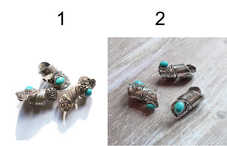 May include: Two sets of silver rings with turquoise stones. The rings are ornate and have a bohemian style.
