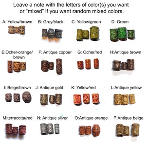 May include: A selection of 16 different colored wooden beads with various designs. The beads are arranged in a grid with letters labeling each color option. The letters are A through P.