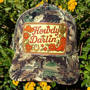 Howdy Darlin&#39; Trucker Hat, Southern Hat, Camo baseball cap, Western vintage hat, Cowgirl hat