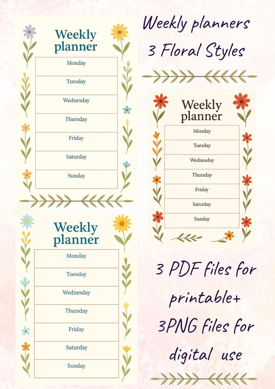 Floral Weekly Planner | Printable Planner Set | A4 PDF + PNG | Instant ...