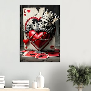 Gothic King of Hearts Skull Canvas: Crowned Skeleton Art for Poker Lovers & Dark Home Decor