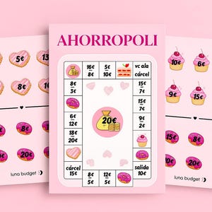 Puede incluir: Tarjetas de juego rosas con el texto "AHORROPOLI" e ilustraciones de corazones, donuts y cupcakes. Las tarjetas muestran valores monetarios en euros, con el logo "luna budget".