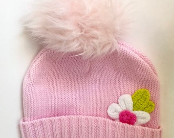 Pink Infant Baby Girl - Beanie Hat - Cotton Lined - Pink Faux Fur Pom Pom - 3 - 6 mos.- Bonus Mittens with attached crocheted chain