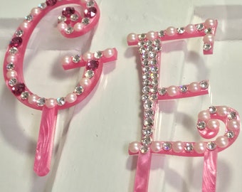 Pink Pearl Monogram Letter G or E cake topper, Swarovski Crystal Birthday Cake Monogram in G or E, acrylic cake monogram, cake Jewelry