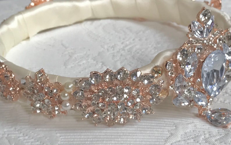 Rose Gold Wedding Crown Brooch Head Wreath Swarovski Crystal and Pearl Bridal Headpiece Bridal Accessory Free Shipping image 5