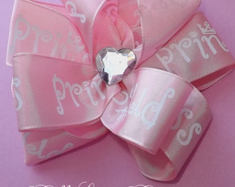 Pink Princess Stacked Boutique Hair Bow – 6 Inch Bling Clip 6 inches