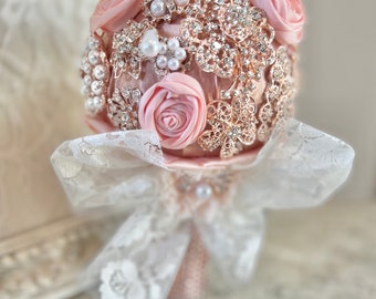 Rose Gold, Brooch, wedding Bouquet, Small, Bridal Bouquet, Jr. Bridal Bouquet, Lace & Ribbon Bouquet