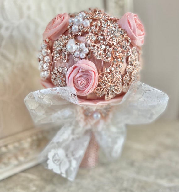 rose gold brooch for dress Rose Gold Brooch Bridal (or Jr. Bride) Bouquet, Bridal Bling, Lace Ribbon,  Wedding Keepsake Bouquet
