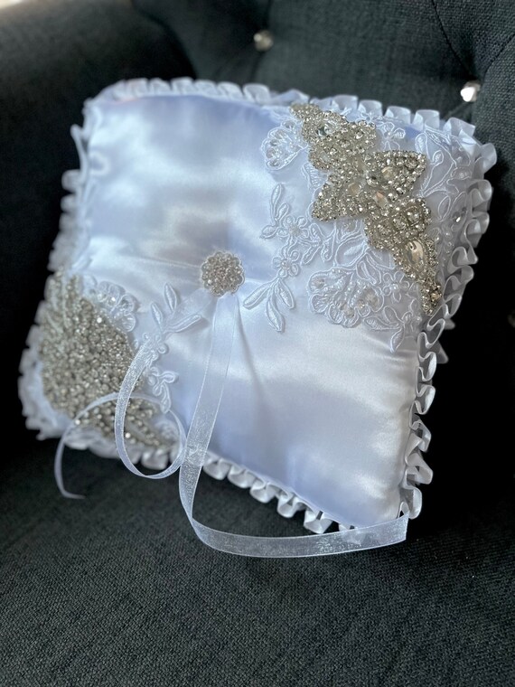 White Satin Ring Bearer Pillow With Silver Bling Applique Etsy